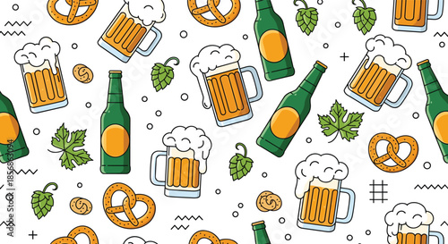 Beer celebration pattern with overflowing mugs, bottles, pretzels, and green hop flowers on a clean white background with symbols.