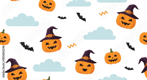 Festive halloween pattern with happy carved pumpkins wearing witch hats, dark bats, and clouds on a clean white background.