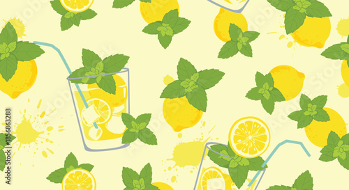 Refreshing seamless pattern featuring yellow lemons green mint leaves and tall glasses of cool lemonade on a light background.
