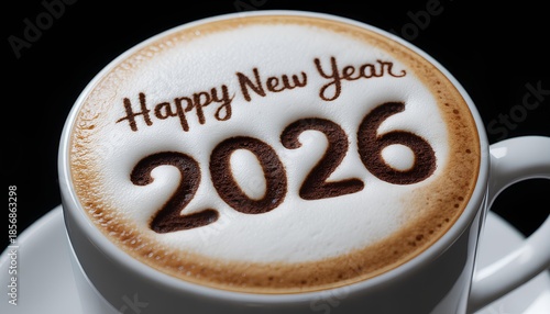 Happy New Year 2026 text on latte art coffee in a white cup