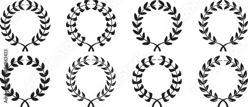Set of black circular laurels branches. laurel wreath, gold wreaths award, achievement, heraldry, award laurel wreaths. Silhouette laurel wreath. Heraldic trophy crest, Greek and Roman olive branch.
