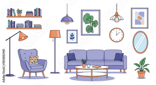 Modern living room interior design featuring a purple sofa armchair coffee table lamps and various wall art decorations.