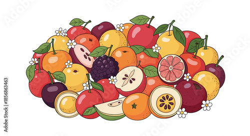 Abundant pile of various fresh whole and sliced fruits including apples oranges berries and passionfruit in a vibrant group.