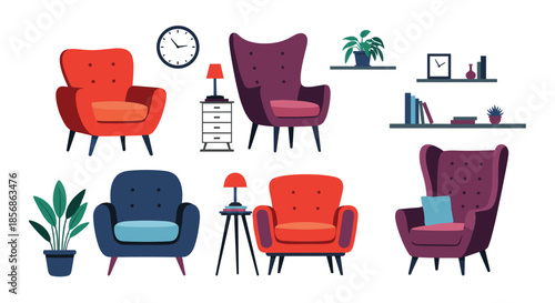 Assortment of contemporary furniture items including colorful armchairs side tables lamps and indoor plants for home decor.