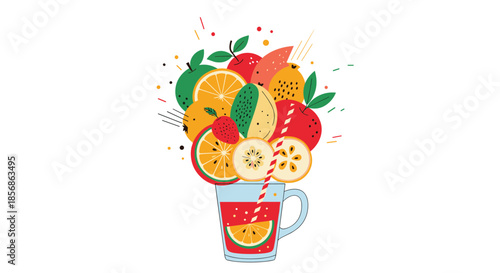 Dynamic illustration of a glass of red fruit juice with a large explosion of various fresh fruits and a striped straw on top.