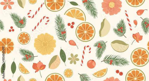 Charming Christmas seamless pattern with orange slices red and white candy canes pine branches and pretty winter flowers.