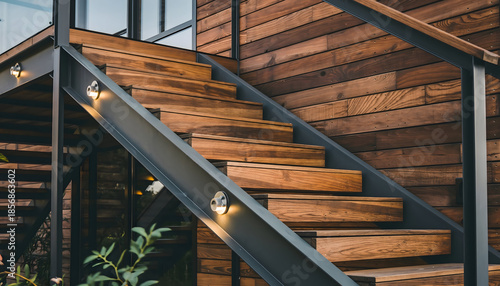 Modern Outdoor Staircase With Wooden Steps Metal Railing and Warm Illumination Against Textured Wood Wall Architectural Detail With Lush Greenery Below