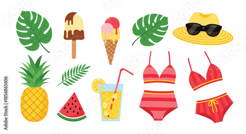 Essential summer vacation items including a pineapple ice cream cones a red bikini tropical drink and a stylish straw hat.