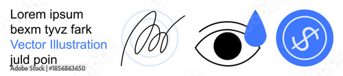 Digital identity verification, biometric security, financial services, cybersecurity, signature validation, privacy. Includes signature, eye with a tear and dollar sign. Identity verification