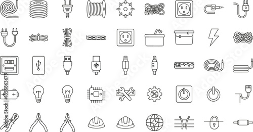 Electrical flat vector line icons set for cables, plugs, tools, power and electronics symbols