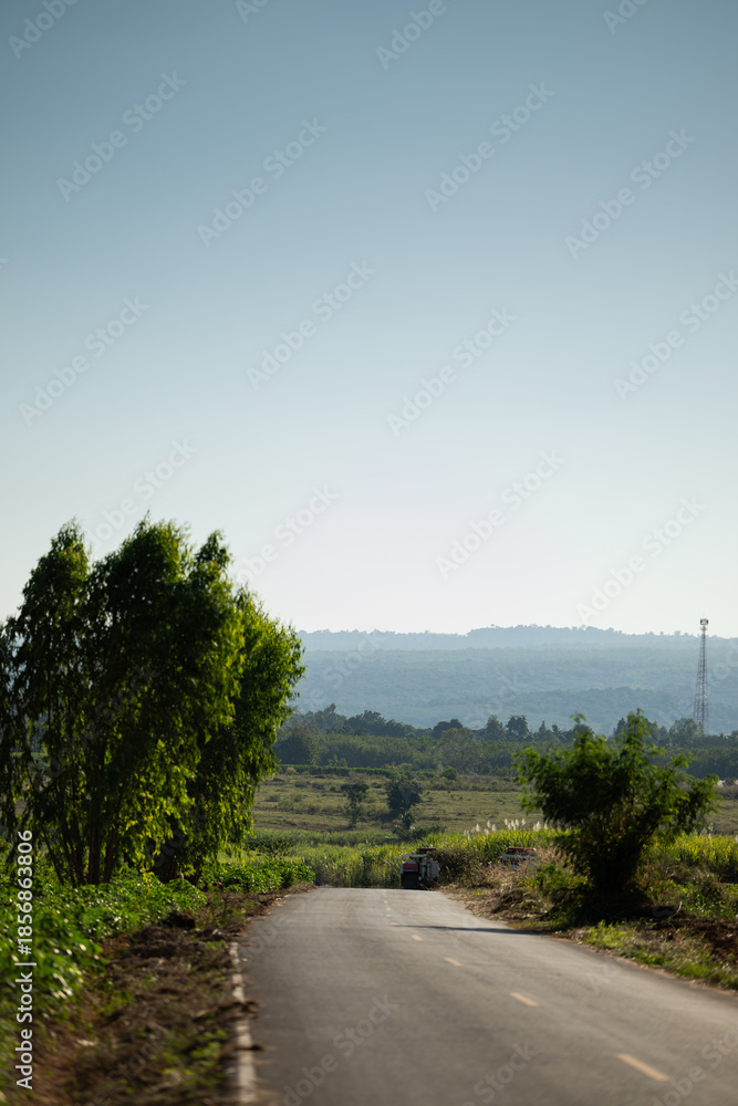 Fototapeta premium Rural Road Toward the Misty Mountains