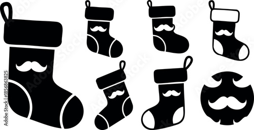 Christmas stockings with mustache design vector set for holiday decoration and festive celebration ideas