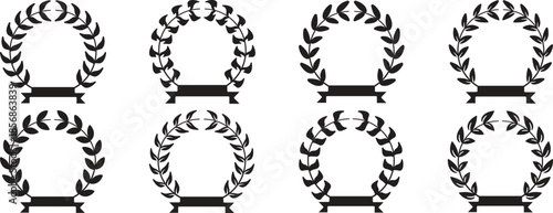 Set of black circular laurels branches. laurel wreath, gold wreaths award, achievement, heraldry, award laurel wreaths. Silhouette laurel wreath. Heraldic trophy crest, Greek and Roman olive branch.