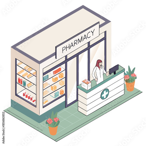 A vibrant isometric illustration depicts a quaint pharmacy storefront with a worker assisting a customer at the counter