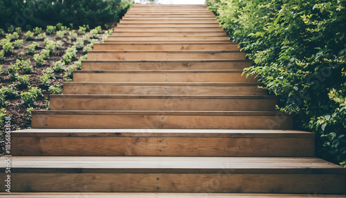 Weathered Wooden Staircase Ascending Through Lush Greenery on a Sunny Day Detailed Texture and Natural Outdoor Setting