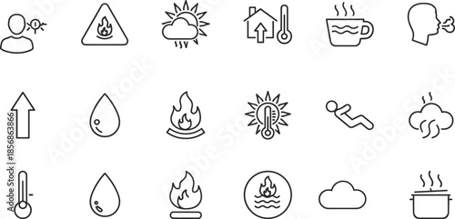 Environment, safety, weather, temperature, fire, water, alert, icons set, flat vector illustration, line style