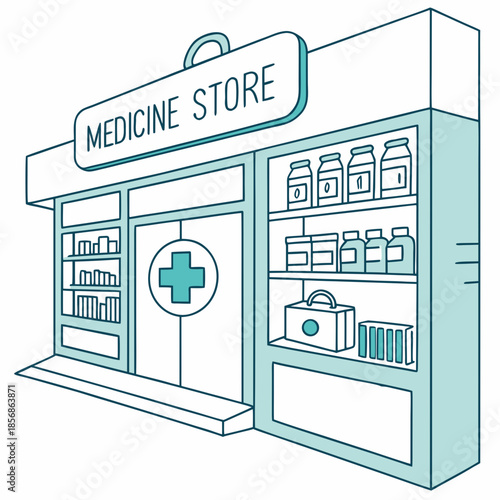 A simple illustration depicts the facade of a medicine store with a medical cross and shelves of products
