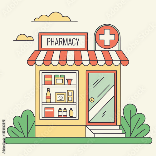 An illustrated depiction of a quaint pharmacy storefront with a red and white striped awning and a medical cross