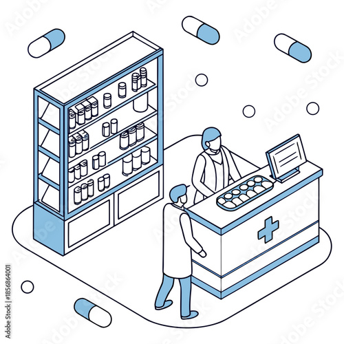 Isometric illustration of a pharmacy with a pharmacist assisting a customer at the counter displaying medicine