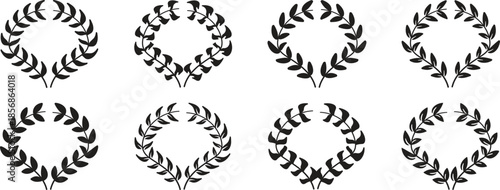 Set of black circular laurels branches. laurel wreath, gold wreaths award, achievement, heraldry, award laurel wreaths. Silhouette laurel wreath. Heraldic trophy crest, Greek and Roman olive branch.