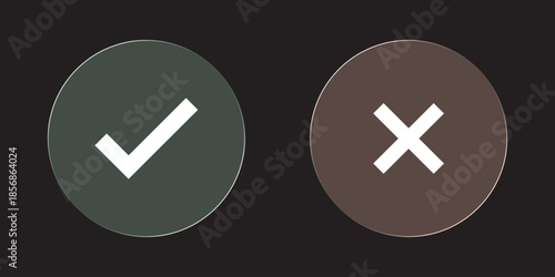 Sleek glass Checkmark x mark icon. Green checkmark and red x sign. Correct error vector symbol isolated on white background. Vote checkmark in circle and square box.