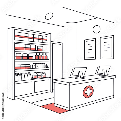 A simple line drawing depicts the interior of a pharmacy with shelves a counter and medical symbols