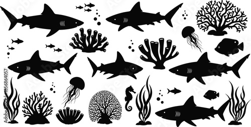 Ocean marine life silhouettes illustration, featuring sharks fish coral reef sea plants jellyfish seahorse underwater ecosystem vector set isolated black design collection
