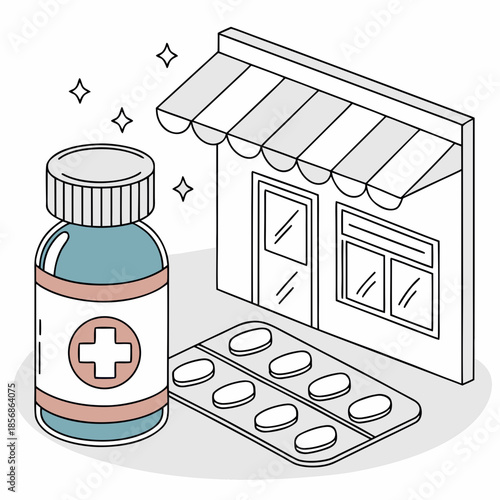 A detailed illustration depicts a pharmacy storefront alongside medicine bottles and pills showcasing healthcare provisions high quality