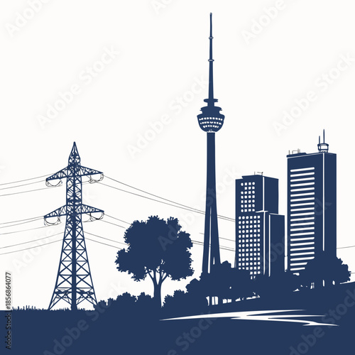 A striking silhouette of a modern cityscape featuring a prominent tower power lines and urban buildings