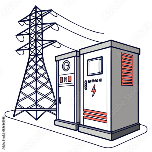 A detailed illustration showcases a high voltage power transmission tower paired with an electrical substation structure