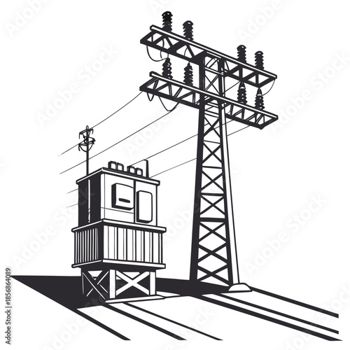 A stark black and white illustration depicts a high voltage power transmission tower with a substation below it