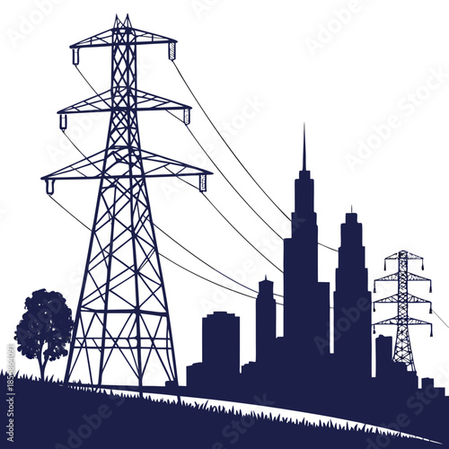 A striking silhouette depicts towering electrical pylons alongside a distant cityscape showcasing the power infrastructure and urban landscape