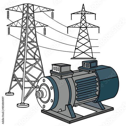 An illustration depicting electrical power infrastructure including transmission towers a generator and power lines showcasing energy distribution