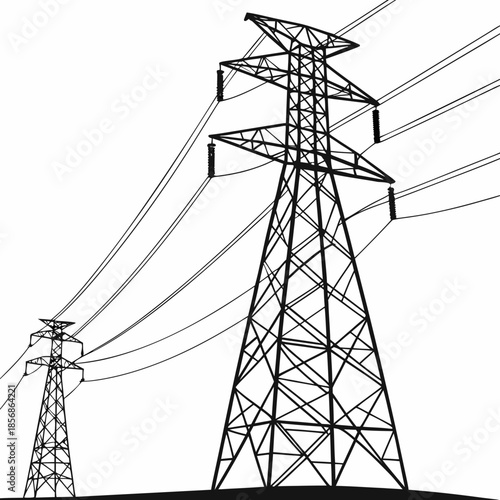 A stark black and white illustration depicts high voltage transmission towers stretching towards the sky conveying power lines and infrastructure