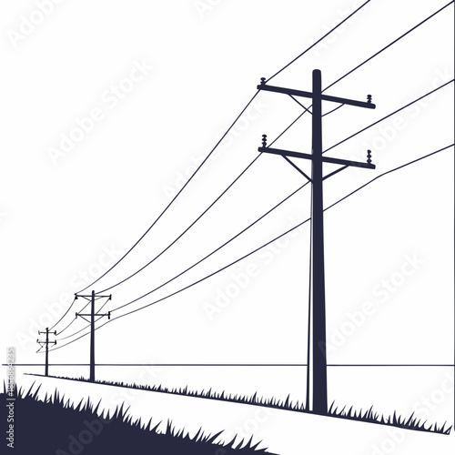 A minimalist illustration depicts a series of utility poles and power lines stretching across a grassy field under a clear