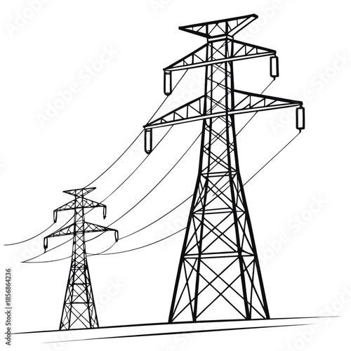 Detailed illustration of large electrical transmission towers with connected power lines against a plain white background