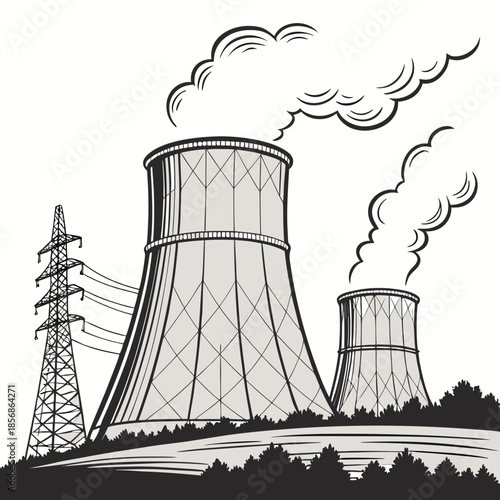 A minimalist illustration depicts industrial cooling towers power lines and smoke plumes against a simple landscape backdrop
