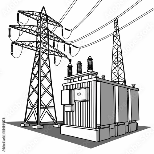 An illustration depicts high voltage power lines transmission towers and an electrical substation with transformers visible