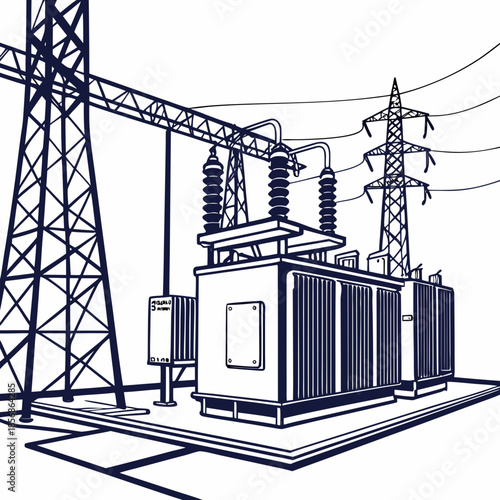 A detailed sketch depicts a high voltage electrical substation with transformers transmission towers and surrounding infrastructure