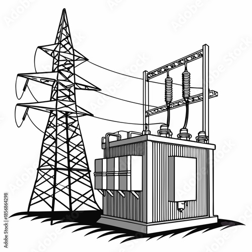 A detailed illustration depicts a power transmission tower and electrical substation infrastructure showcasing energy distribution high quality
