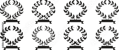 Set of black circular laurels branches. laurel wreath, gold wreaths award, achievement, heraldry, award laurel wreaths. Silhouette laurel wreath. Heraldic trophy crest, Greek and Roman olive branch.