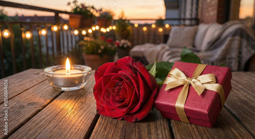 Romantic outdoor setting with a red rose, gift box, and lit candle on a wooden table at sunset with string lights in the background, conveying a warm and intimate valentine's day mood.