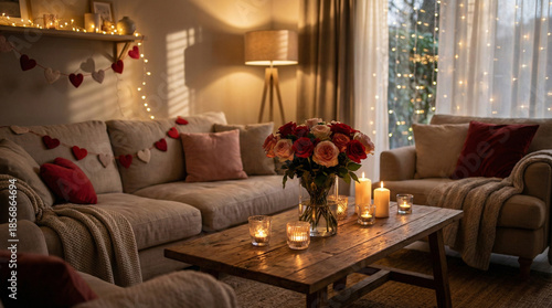 Cozy living room with heart decorations on the couch and a vase of flowers on the coffee table, lit by candles and a warm lamp on a valentine's day evening.