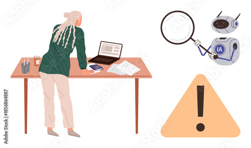 Woman scanning papers on a desk, laptop open, robot holding magnifying glass examining details. Ideal for data analysis, AI technology, auditing, risk management, innovation, automation
