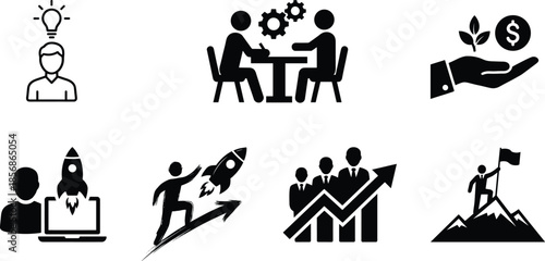 Business innovation and success icons showing teamwork, growth, achievement, startup launch, leadership, and financial investment
