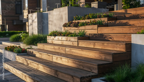 Warm Sunlight Illuminates Textured Wooden Staircase Lined with Lush Greenery and Vibrant Flowers Amidst Modern Architectural Elements