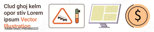 Road safety, financial management, device technology, caution, online monitoring, transportation. Alcohol test icon next to a traffic sign, monitor and dollar sign. Road safety and financial