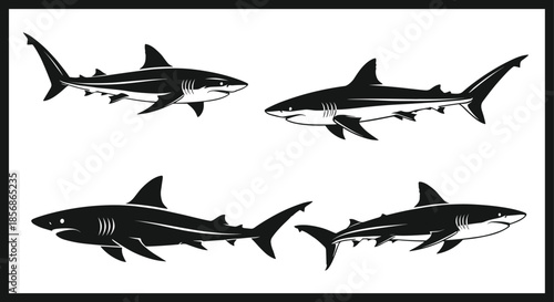 Shark silhouette vector set, black marine animal icons, side profile shark illustrations for ocean-themed design, wildlife content, and education