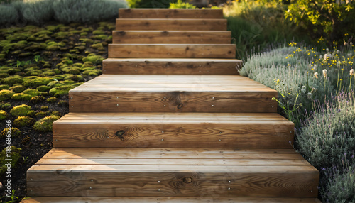 Weathered Wooden Staircase Ascending Through Lush Green Garden With Lavender And Sunlight Dappled Effect A Serene Outdoor Pathway Inviting Exploration And Tranquility