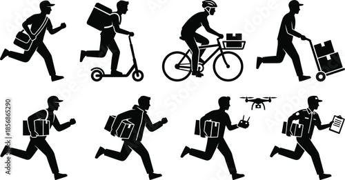 Courier and delivery icons showing dynamic transport methods including running, cycling, scooter, and parcel handoff in silhouette style